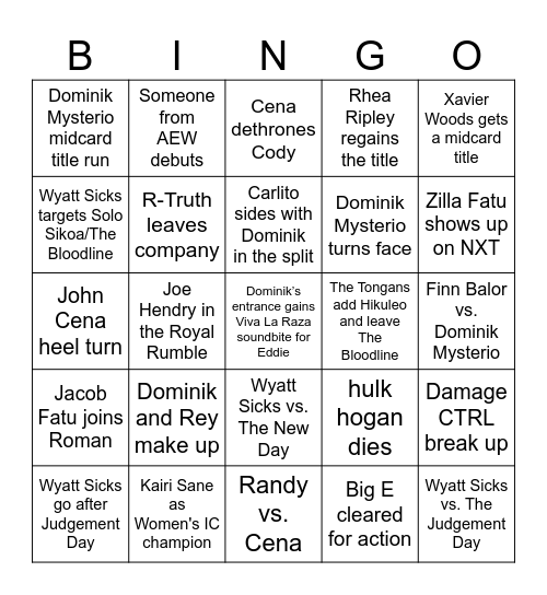 WWE 2025 Bingo Card