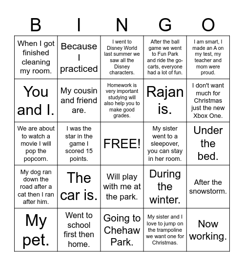 RAJAN'S Run-On & Fragment Sentences Bingo Card