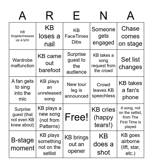 KB Arena Tour Bingo Card