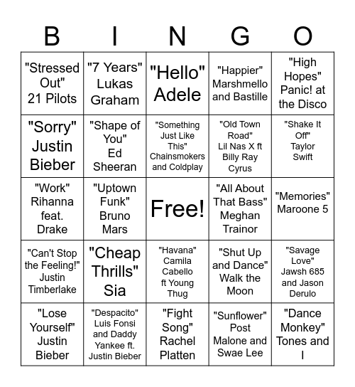 Music From When We Were Kids 2014-2020 1A Bingo Card
