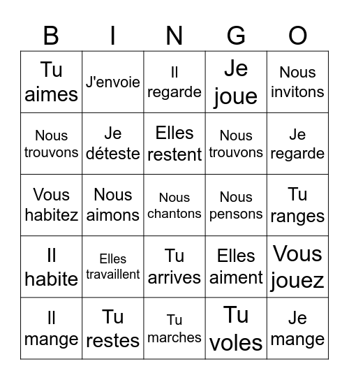 Les verbes en -ER Bingo Card