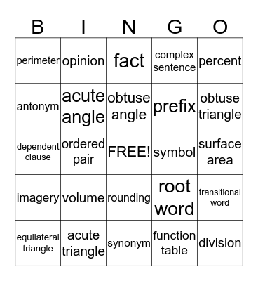 5th Grade Bingo Card