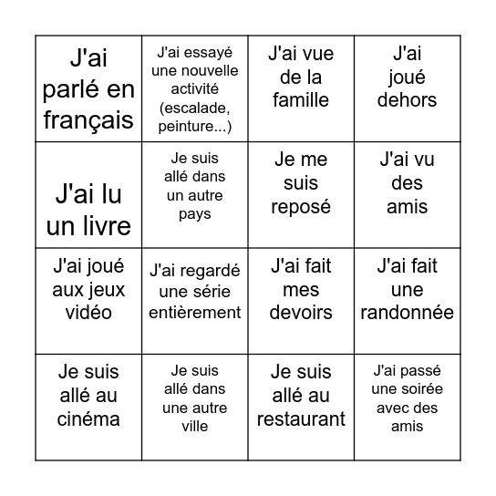 Retour de vacances ! Bingo Card