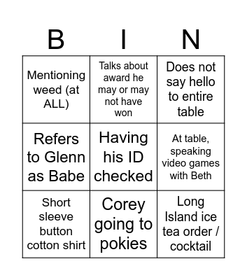 Corey bingo Card
