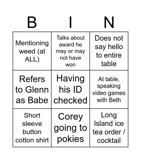 Corey bingo Card