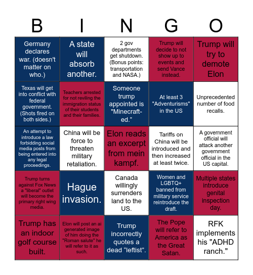 2nd Trump Term Bingo 1/4 Bingo Card