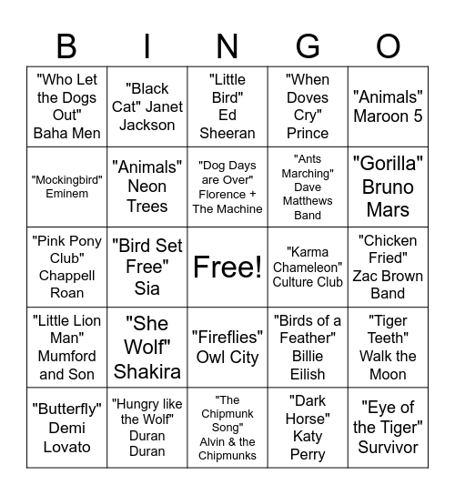 Songs with Animals in the Title Bingo Card