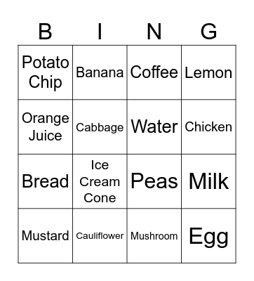 Nutrition Bingo Card