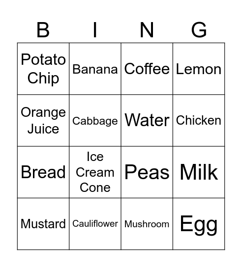 Nutrition Bingo Card