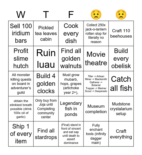 Stardew Torture Bingo Card