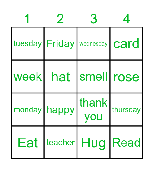 Class 4 Bingo Card