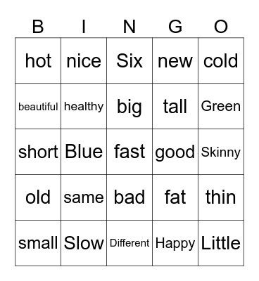 Adjectives Bingo Card