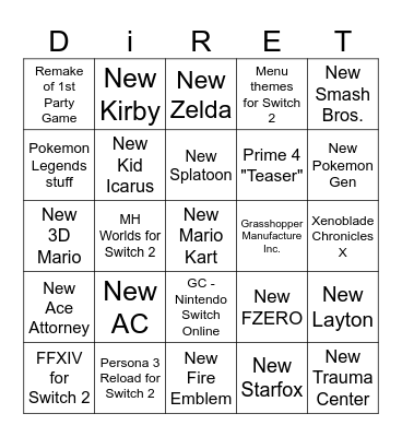Nintendo Switch 2 Bingo Card