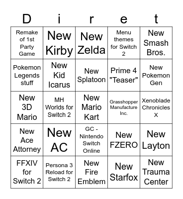 Nintendo Switch 2 Bingo Card