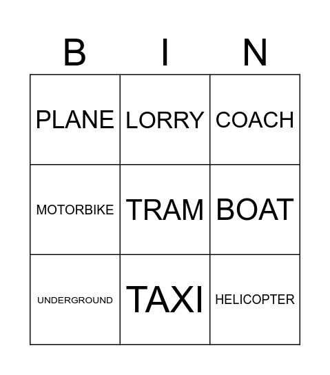 TRANSPORT Bingo Card