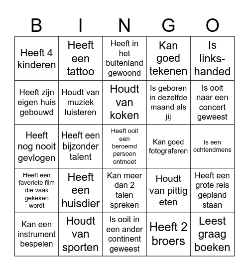 Kennismaking bingo Card