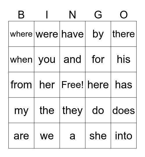 Heart Word Bingo Card
