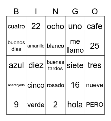 Spanish Colors, Numbers and Greetings Bingo Card