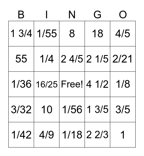 Fraction BINGO Card