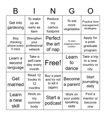 New Years Resolution/2025 Goals Bingo Card