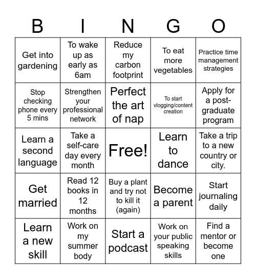 New Years Resolution/2025 Goals Bingo Card