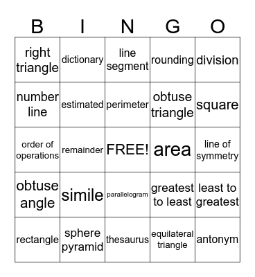 4th Grade Bingo Card
