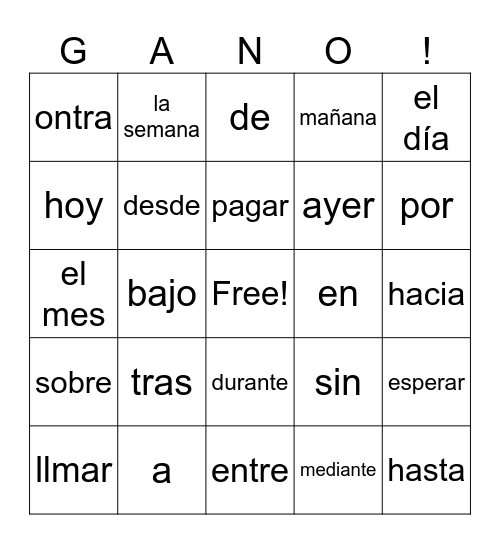 Spanish 1 Vocab 4A Bingo Card