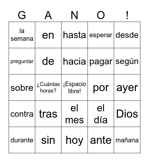 Spanish 1 Vocab 4A Bingo Card