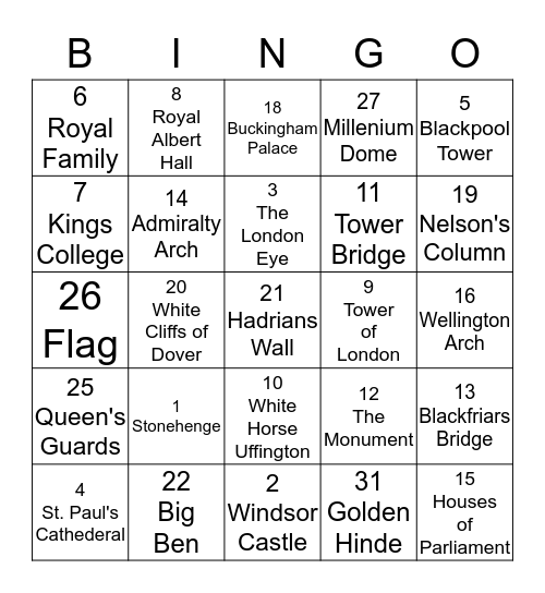 United Kingdom Bingo Card