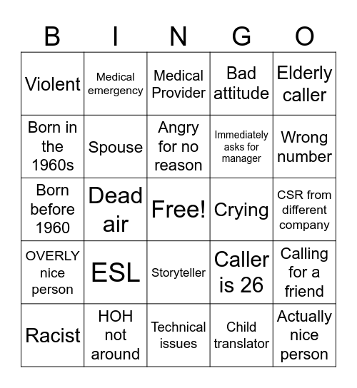 CSR Bingo Card