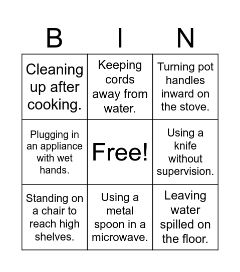 Kitchen safety bingo Card