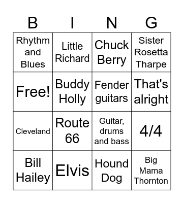 Rock n' Roll Bingo Card