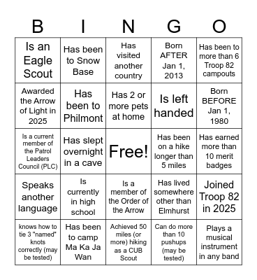 Troop 82 Bingo - 2025 Bingo Card