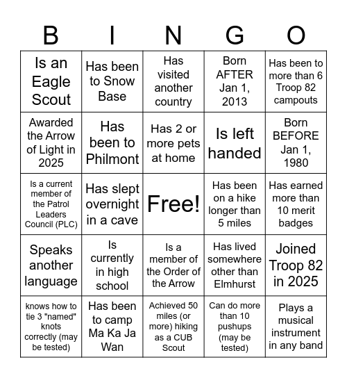 Troop 82 Bingo - 2025 Bingo Card