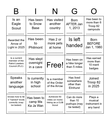 Troop 82 Bingo - 2025 Bingo Card