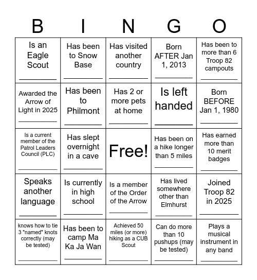 Troop 82 Bingo - 2025 Bingo Card