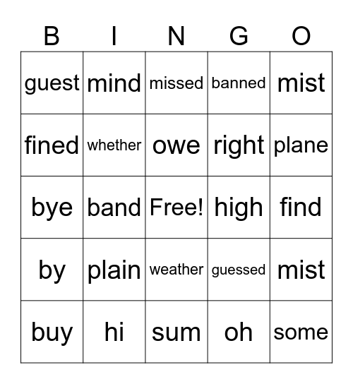 Sound Alike Words Bingo Card
