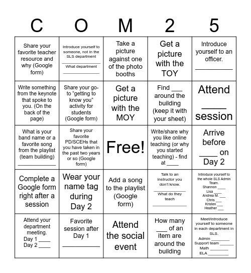 COM 2025 "BINGO" SHEET Bingo Card
