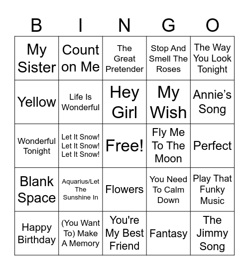 Music Bingo Round 1 Bingo Card