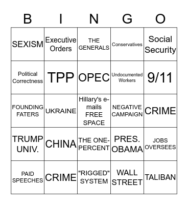 DEBATE BINGO 9/26/16 Bingo Card