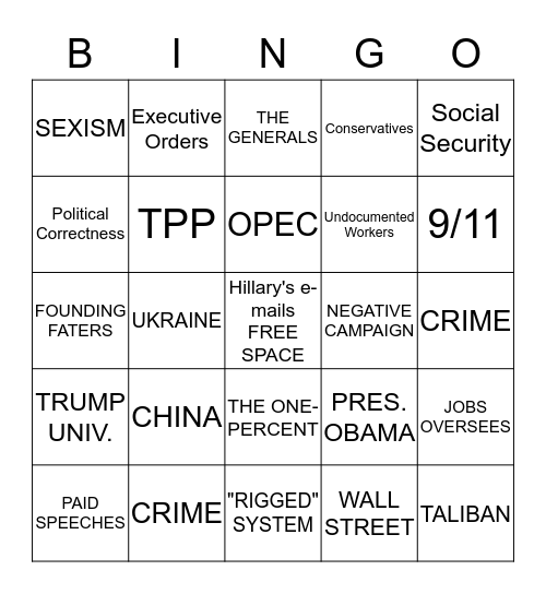 DEBATE BINGO 9/26/16 Bingo Card