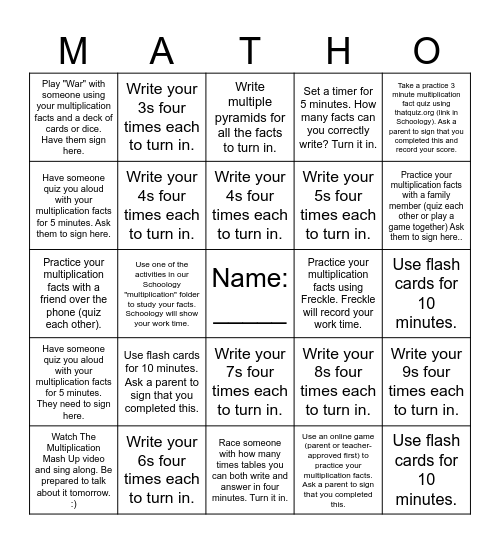 Multiplication Fact Practice at Home Bingo Card