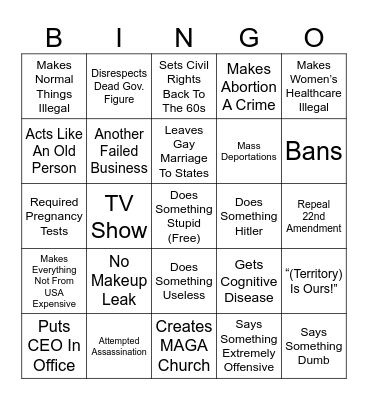 Trump Presidency 2025 - 2029 Bingo Card