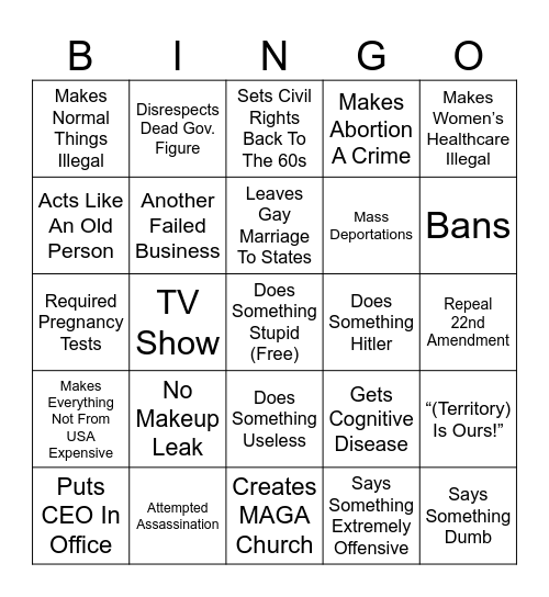 Trump Presidency 2025 - 2029 Bingo Card