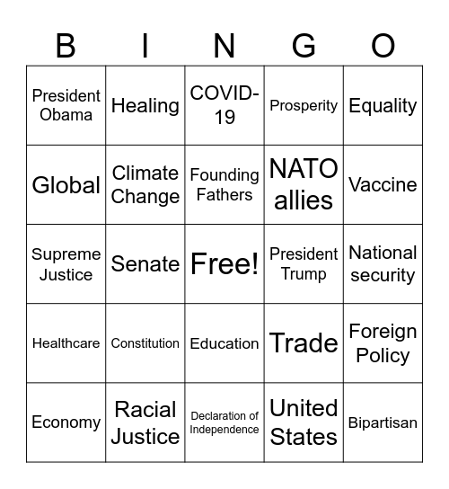 Inauguration Bingo Card