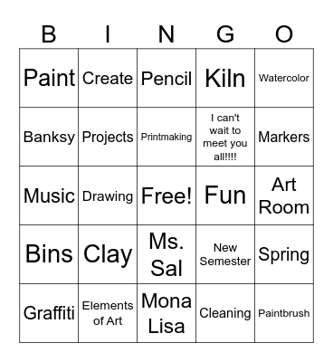 6th Grade Art Bingo Card