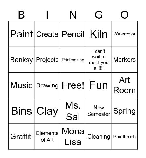 6th Grade Art Bingo Card