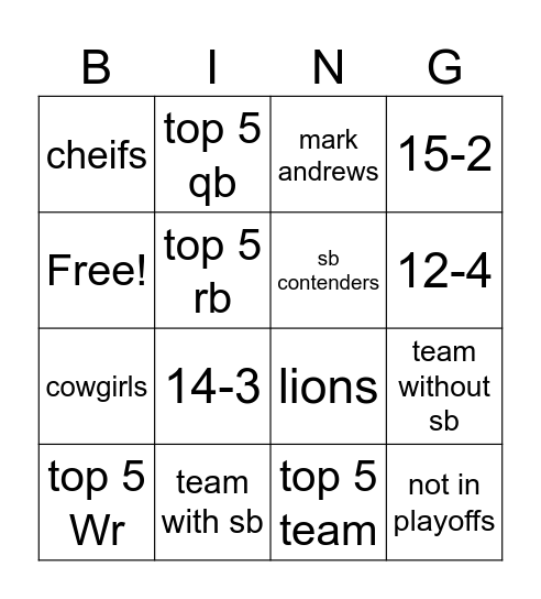 NFL bing Bingo Card