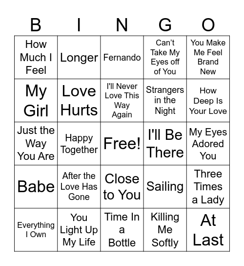 Love Song Bingo - 1960s/70s Edition Bingo Card