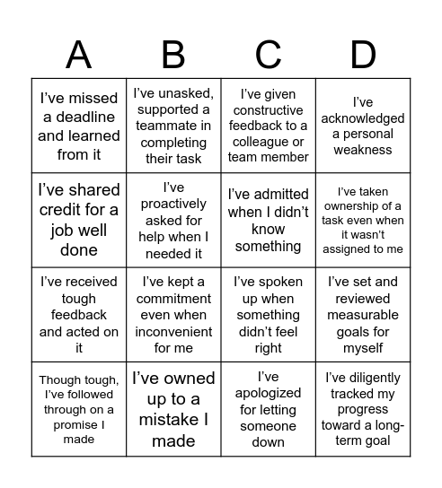 Accountability Bingo Card